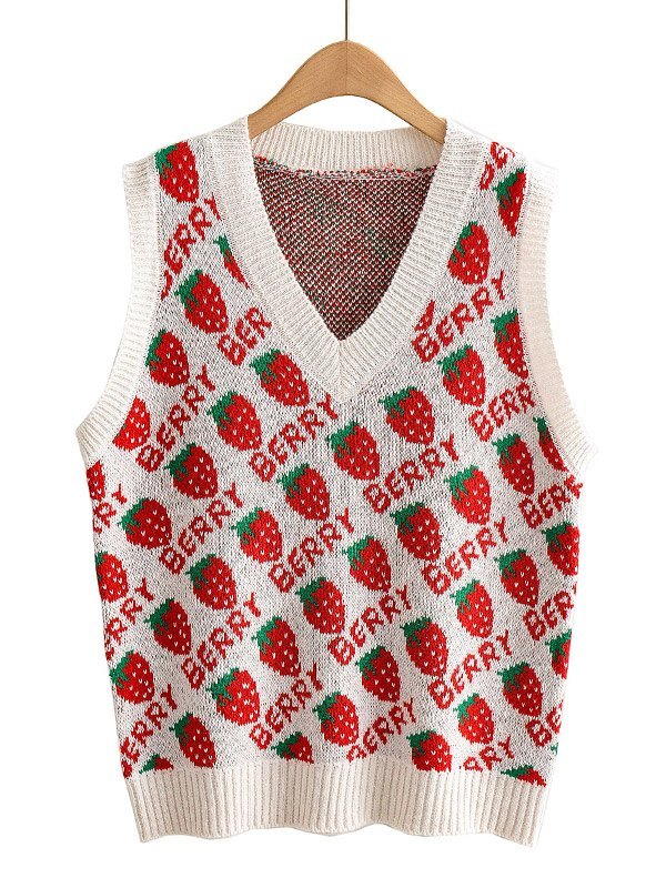 EMMIOL Strawberry Jacquard V Neck Sweater Vest