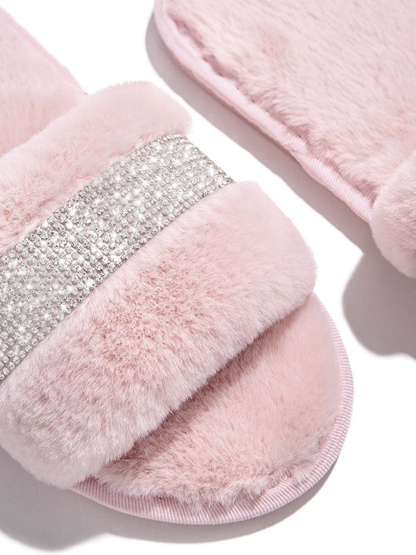EMMIOL Rhinestone Fluff Flat Slippers