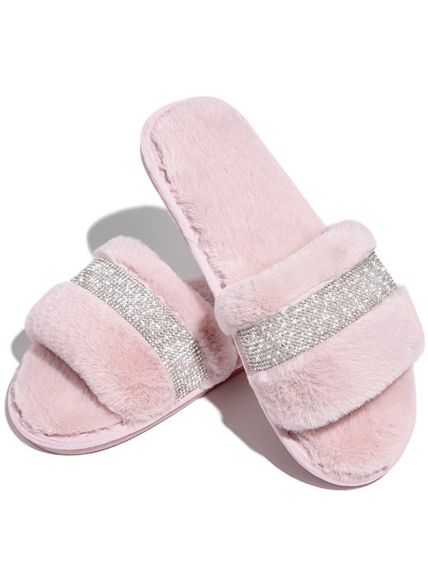 EMMIOL Rhinestone Fluff Flat Slippers