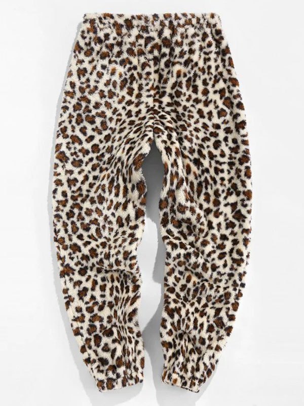 EMMIOL Pantalones de felpa con estampado de leopardo para hombre