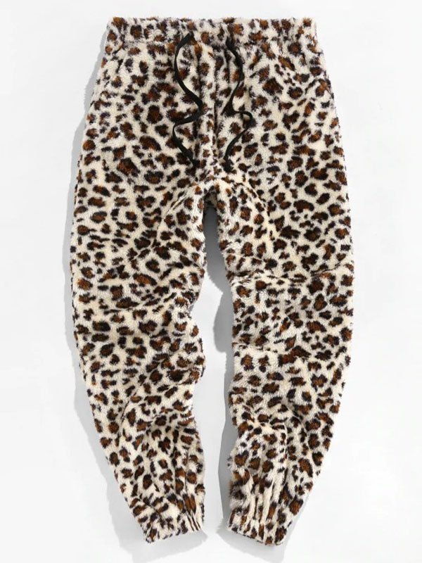EMMIOL Pantalones de felpa con estampado de leopardo para hombre