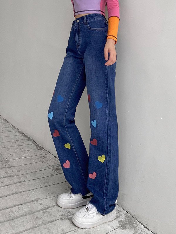 EMMIOL Heart Pattern High Waist Boyfriend Jeans