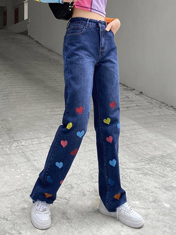 EMMIOL Heart Pattern High Waist Boyfriend Jeans