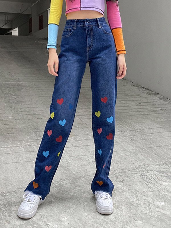 EMMIOL Heart Pattern High Waist Boyfriend Jeans