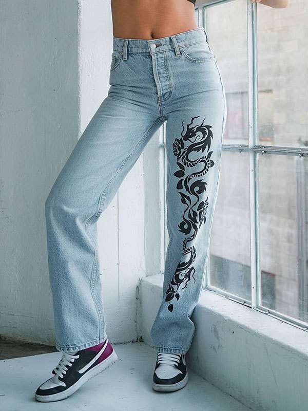 Emmiol Free shipping 2023 Dragon Print Boyfriend Jeans Blue S in