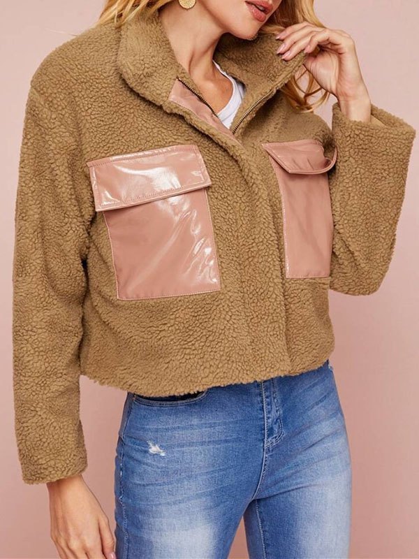 EMMIOL Chaqueta corta de felpa con bolsillo de cuero Pu