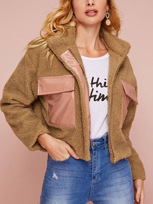 EMMIOL Chaqueta corta de felpa con bolsillo de cuero Pu