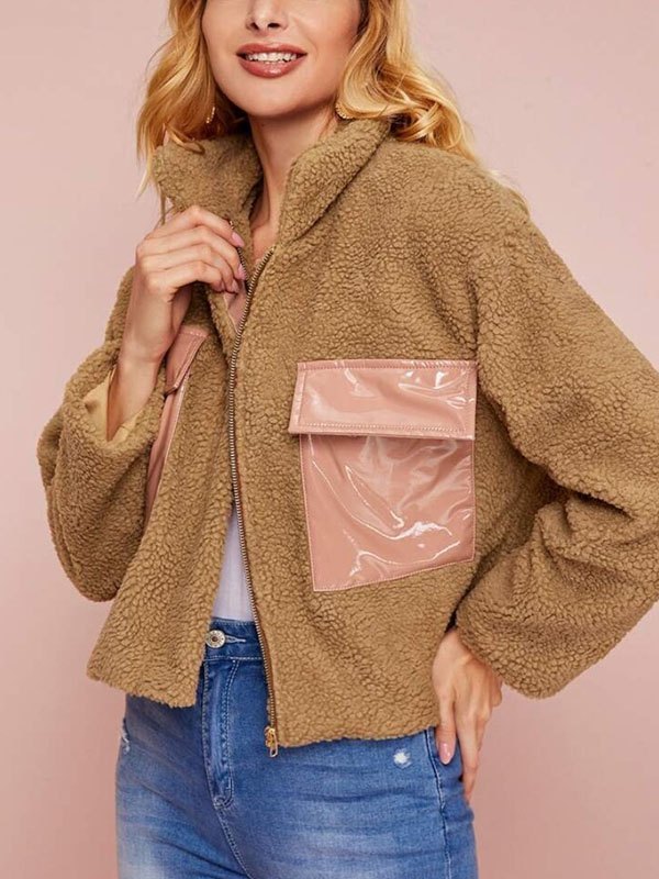 EMMIOL Chaqueta corta de felpa con bolsillo de cuero Pu
