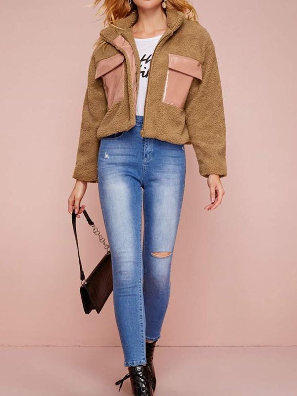 EMMIOL Chaqueta corta de felpa con bolsillo de cuero Pu