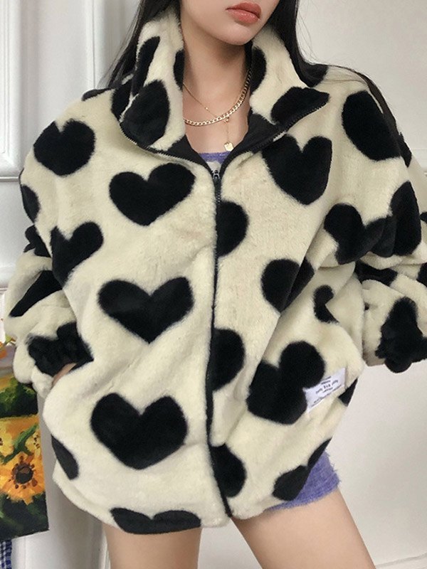 EMMIOL Heart Pattern Fuzzy Coat
