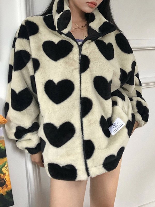EMMIOL Heart Pattern Fuzzy Coat