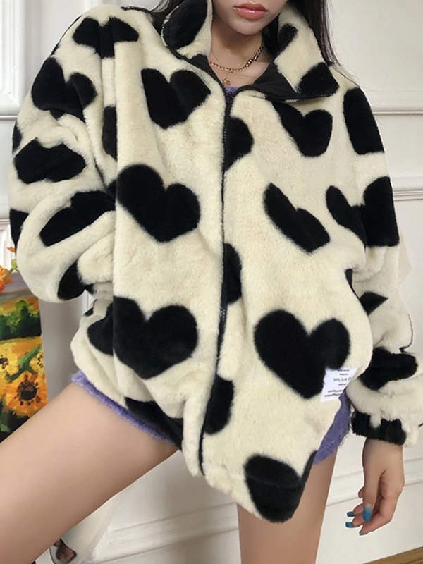 EMMIOL Heart Pattern Fuzzy Coat
