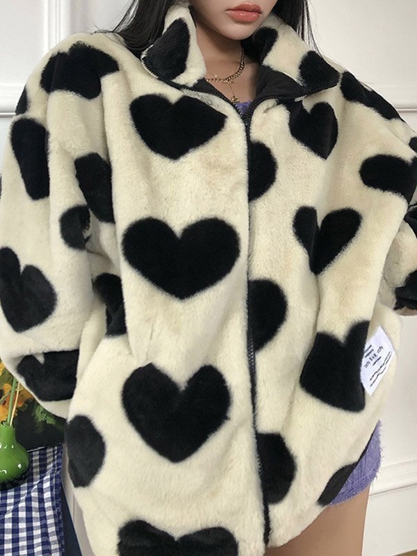 EMMIOL Heart Pattern Fuzzy Coat