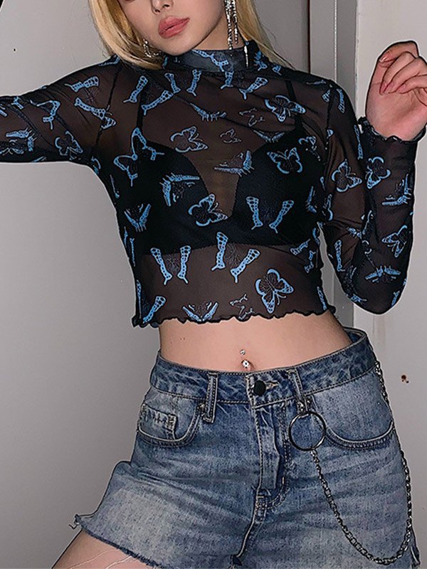 EMMIOL Butterfly Print Sheer Mesh Crop Top