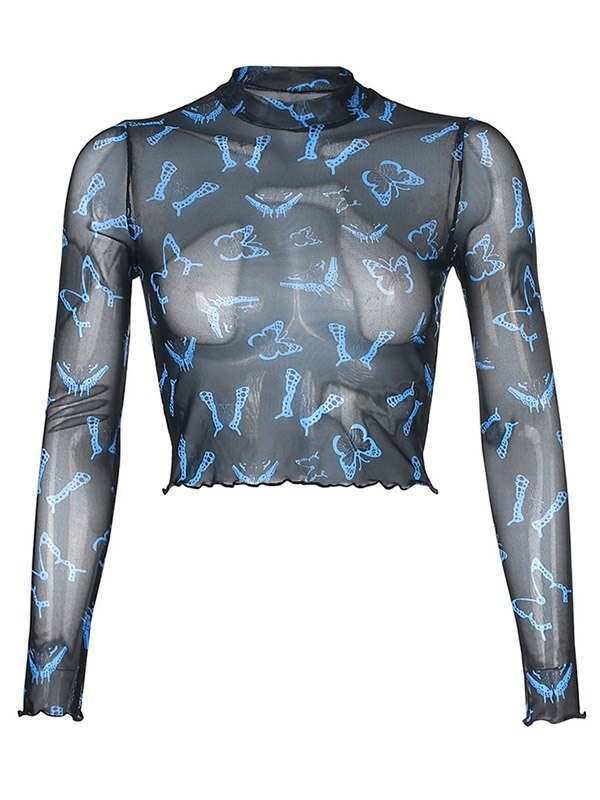 EMMIOL Butterfly Print Sheer Mesh Crop Top