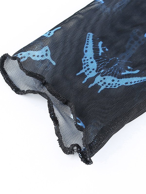 EMMIOL Butterfly Print Sheer Mesh Crop Top