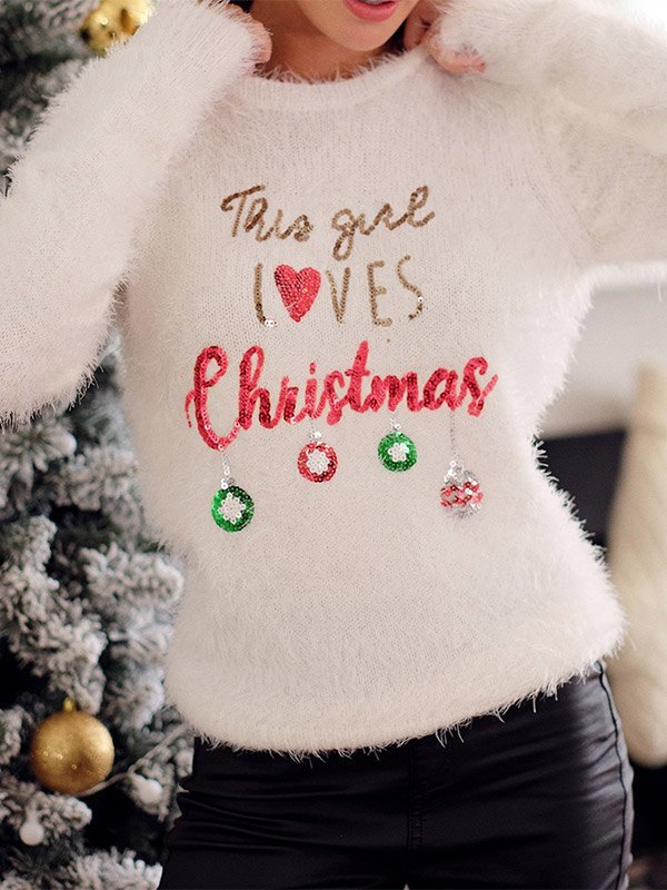 EMMIOL Suéter esponjoso de lentejuelas con estampado navideño