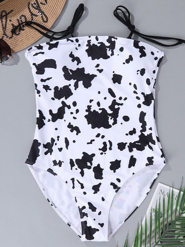 EMMIOL Cow Print Lace-up Strap One-Piece Swimsuit