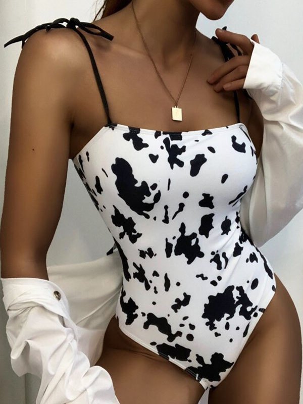 EMMIOL Cow Print Lace-up Strap One-Piece Swimsuit