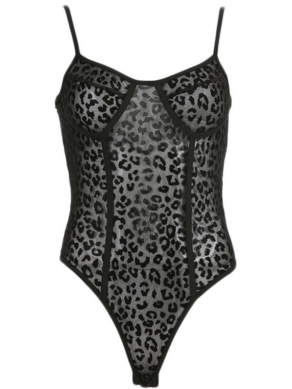 EMMIOL Top camisero de malla transparente con estampado de leopardo