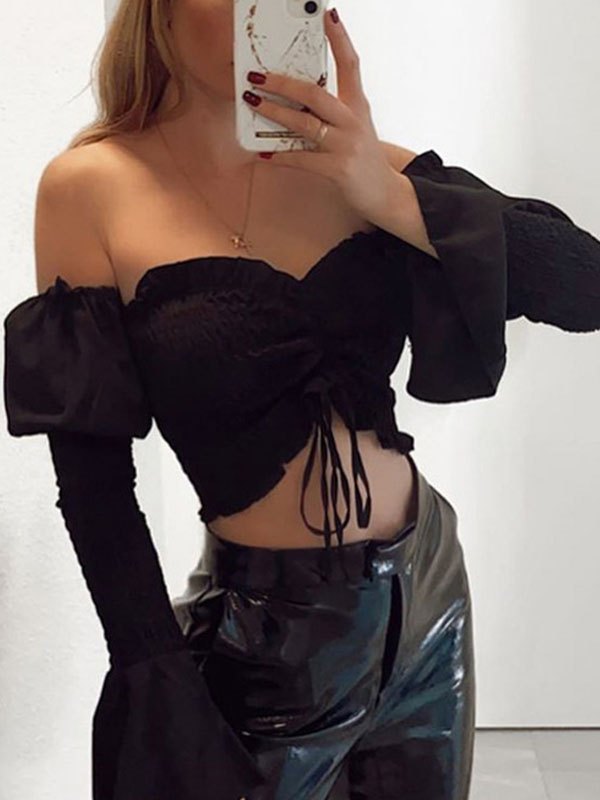 EMMIOL Blusa corta fruncida con hombros descubiertos