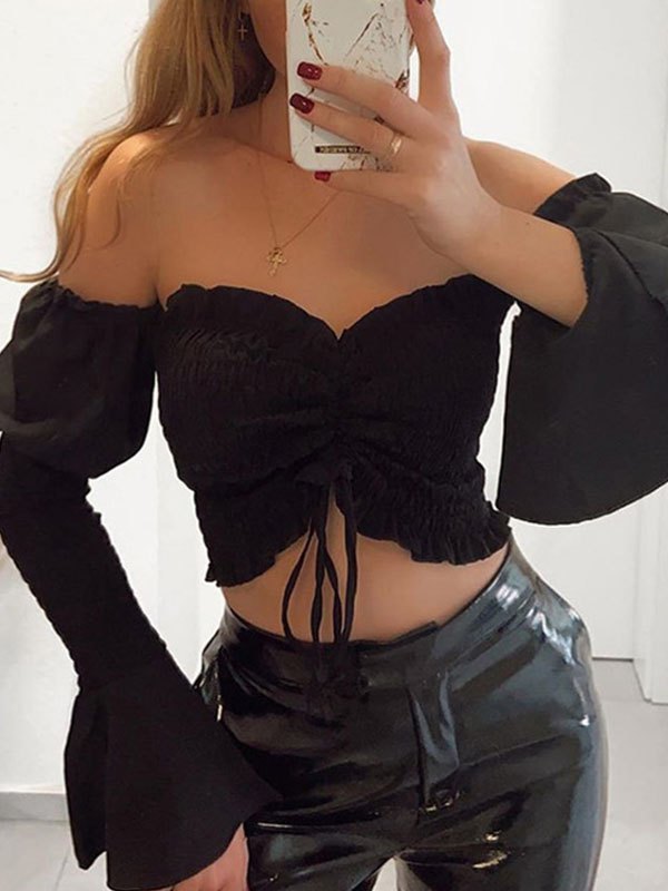 EMMIOL Blusa corta fruncida con hombros descubiertos