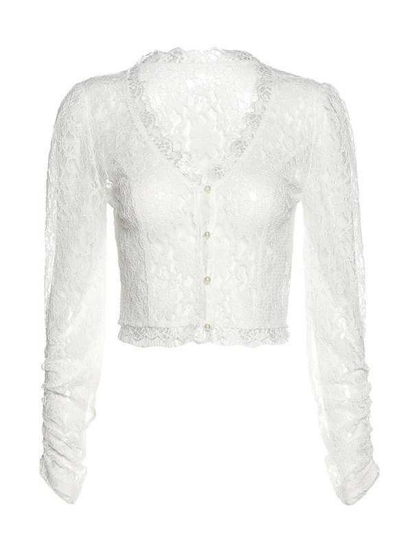 EMMIOL Sheer Mesh Lace Cropped Blouse