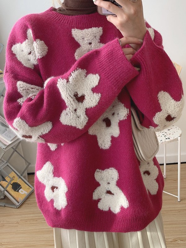 EMMIOL Fuzzy Bear Jacquard Knit Sweater
