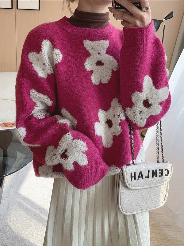 EMMIOL Fuzzy Bear Jacquard Knit Sweater