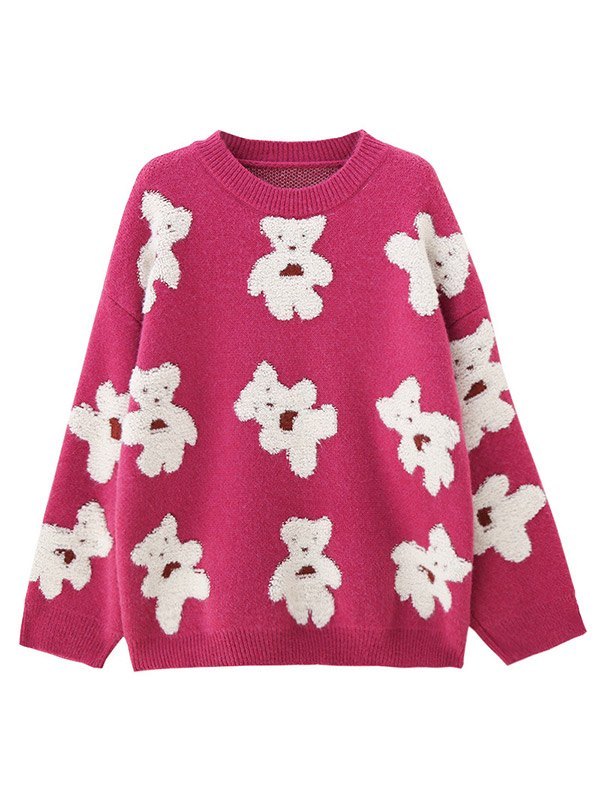 EMMIOL Fuzzy Bear Jacquard Knit Sweater