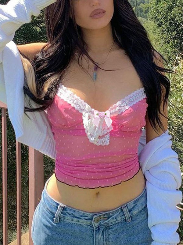 EMMIOL Lace Trim Mesh Crop Cami Top