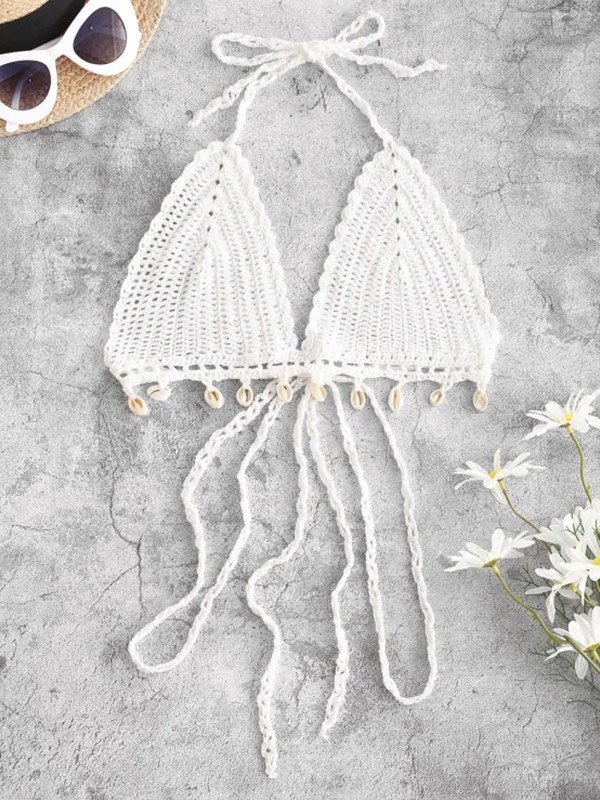 EMMIOL Shell Embellished Crochet Halter Bikini Top