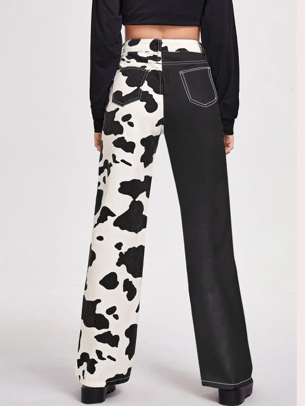 EMMIOL Contrast Cow Print Boyfriend Jeans