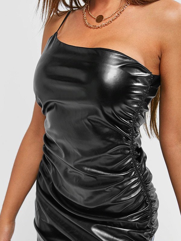 Emmiol Free shipping 2026 One Shoulder Pu Leather Bodycon Mini Dress Black  S in Mini Dresses online store. | EMMIOL