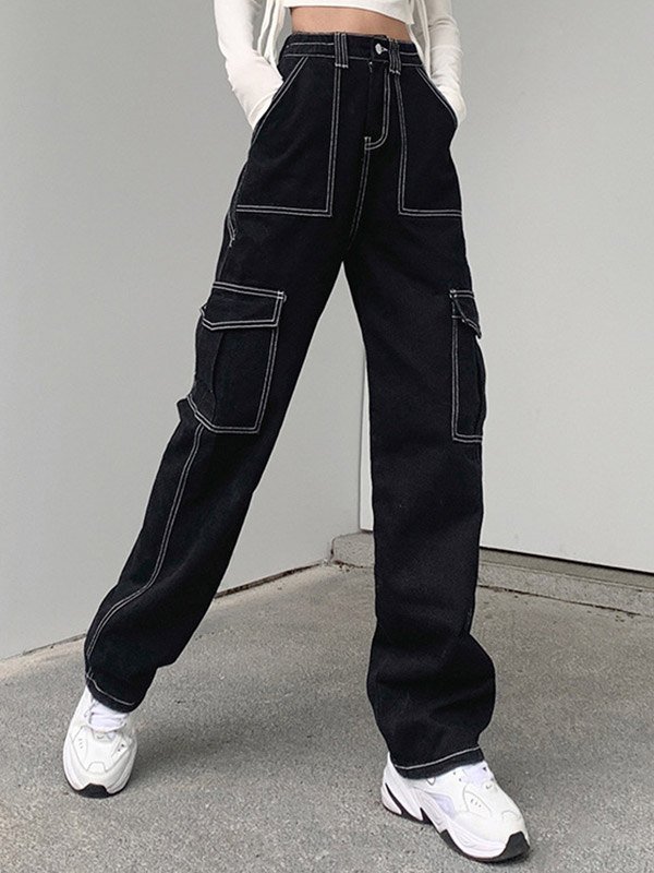 2021 Straight Cargo Jeans mit hoher Taille Schwarz S In Cargo Jeans