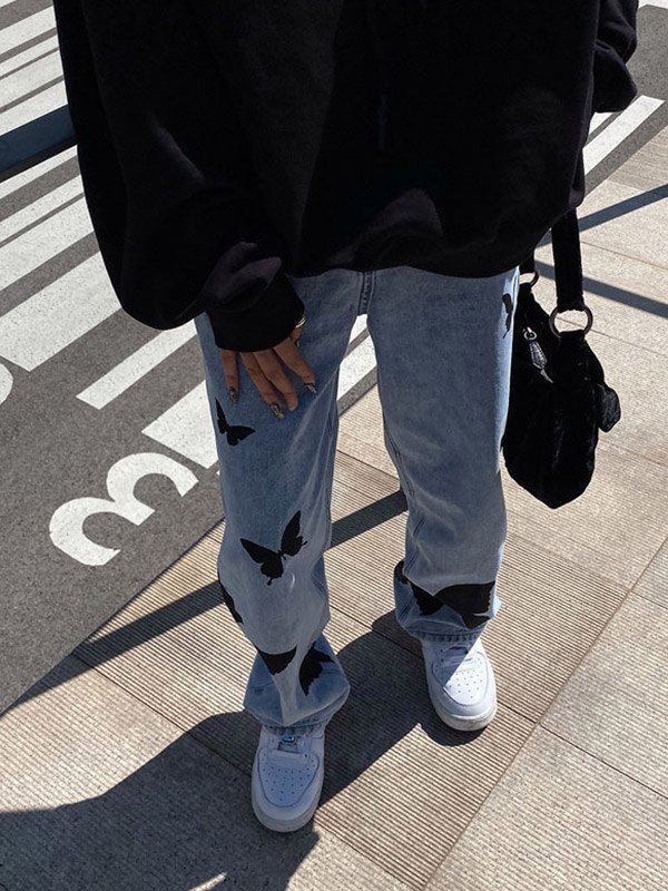 EMMIOL Jeans boyfriend a vita alta con stampa farfalla