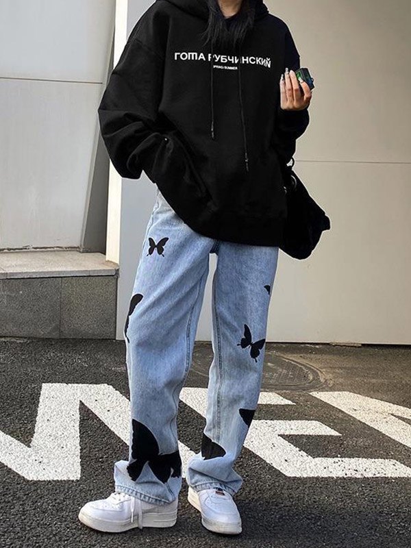 EMMIOL Jeans boyfriend a vita alta con stampa farfalla