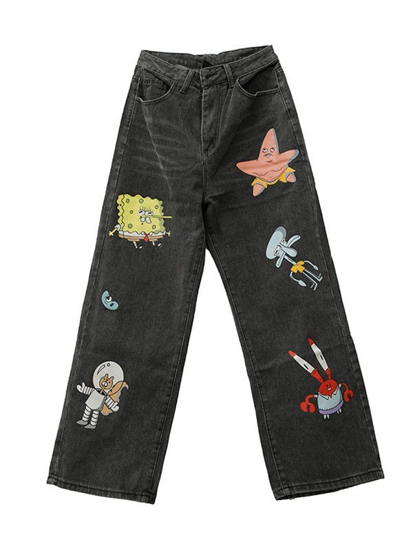 EMMIOL Gerade Freund Jeans mit Cartoon-Druck