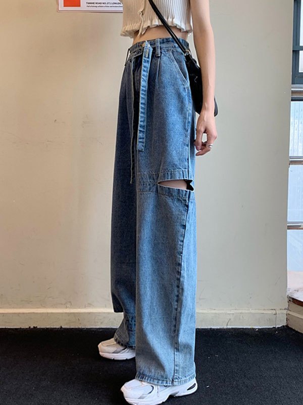 EMMIOL Jeans boyfriend de cintura alta con rotos laterales