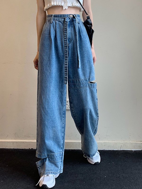 EMMIOL Jeans boyfriend de cintura alta con rotos laterales