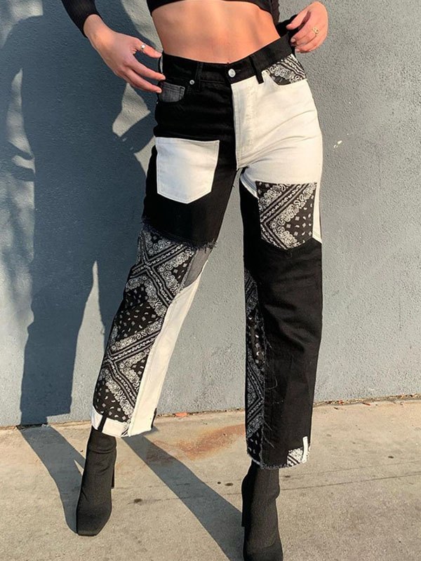 Emmiol Free shipping 2023 Patchwork Bandana Print Boyfriend Jeans Black