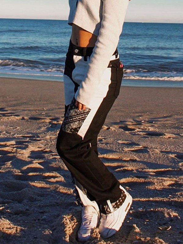 Emmiol Free shipping 2024 Patchwork Bandana Print Boyfriend Jeans Black