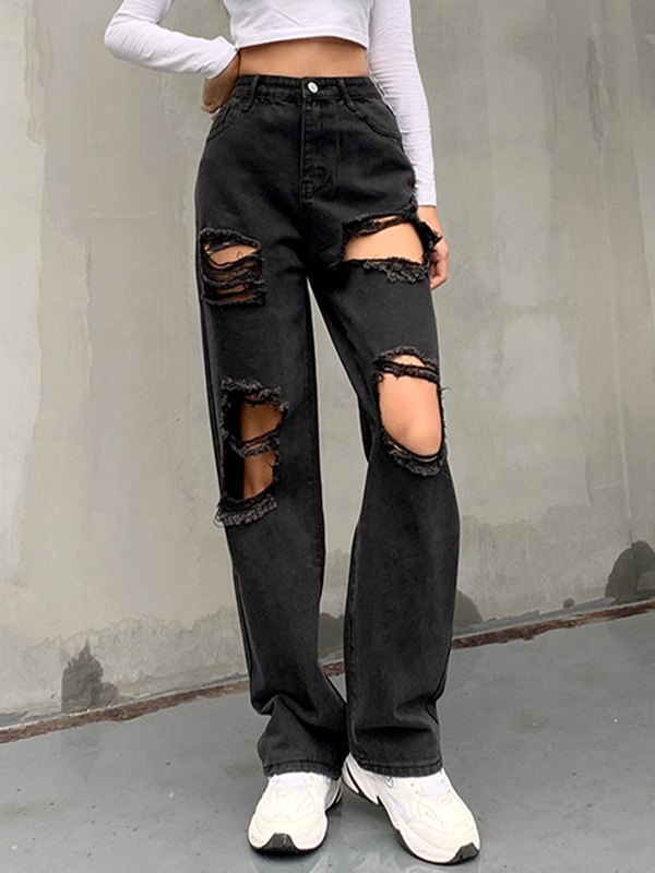 EMMIOL High Rise Straight Ripped Jeans