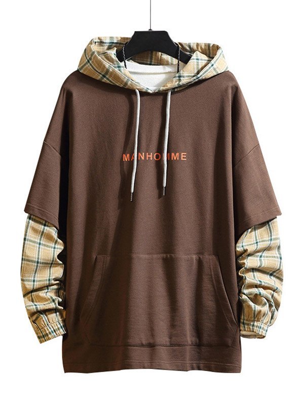 2022 Sudadera con capucha de retazos a cuadros para hombre Café XL In  Sudadera con Capucha Online Store. Best For Sale | Emmiol.com
