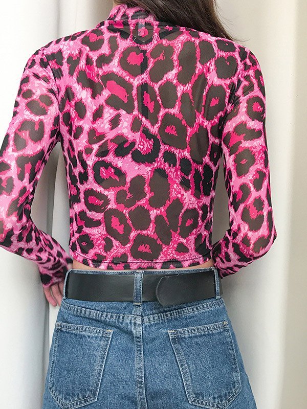 EMMIOL Top corto de malla con estampado de leopardo