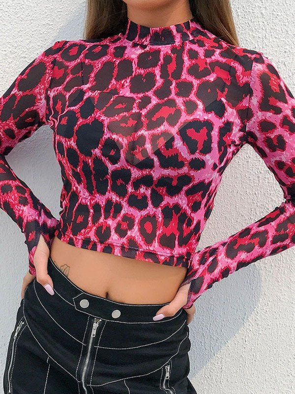 EMMIOL Top corto de malla con estampado de leopardo