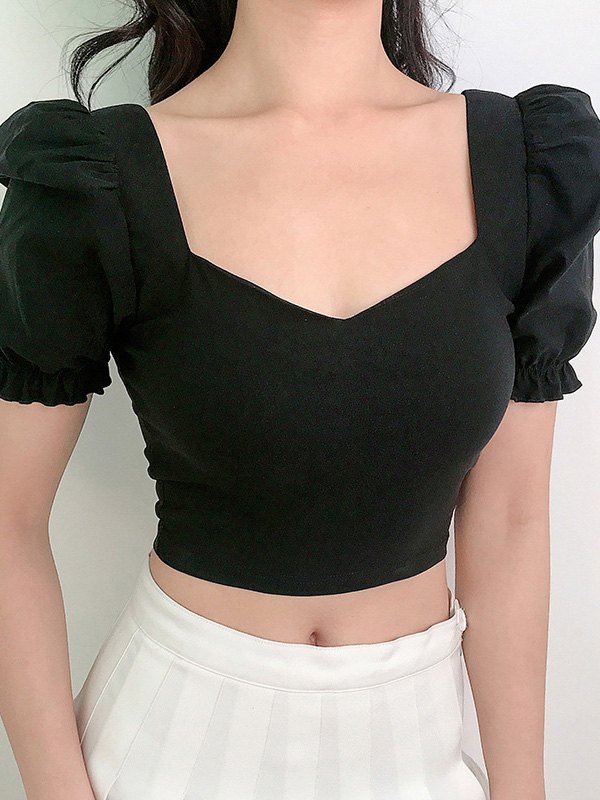 EMMIOL Top corto vintage con mangas abullonadas