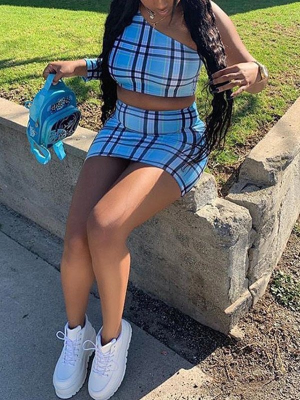 EMMIOL Conjunto de falda de un hombro a cuadros