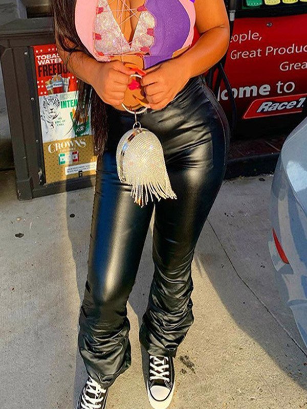 EMMIOL High Rise Pu Leather Stacked Pants