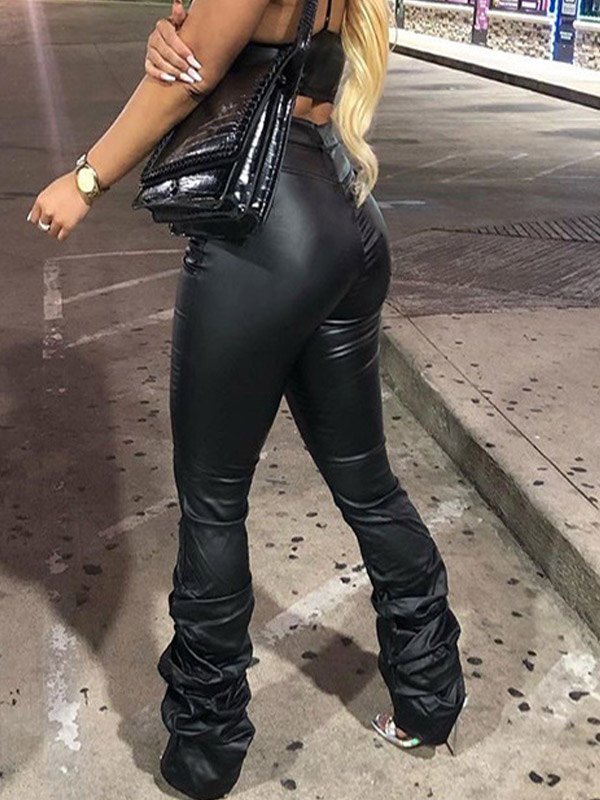 EMMIOL High Rise Pu Leather Stacked Pants